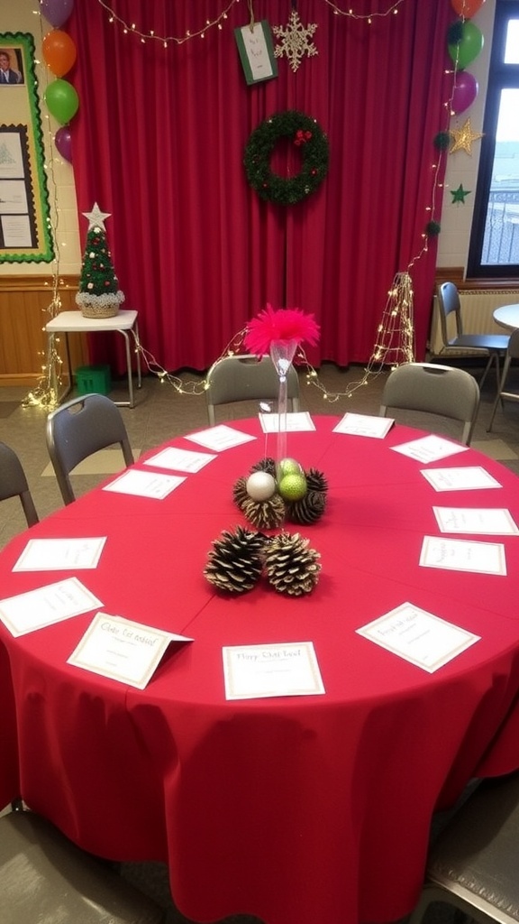 A festive school table decorated for Christmas with red tablecloth, pinecone centerpiece, and personalized place cards.